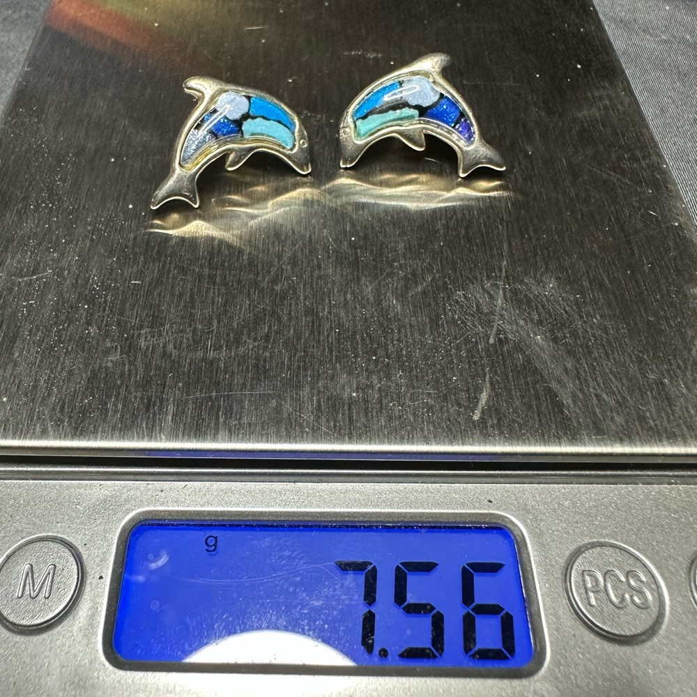 Dolphin earrings with cobalt and opal blues